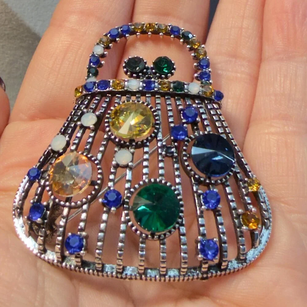 Purse Brooch Multicolor Rhinestone Openwork Handbag Pin – 2.25”